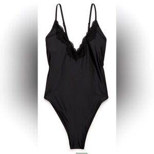 Aerie Shine Lace Plunge One Piece Swimsuit—True Black
